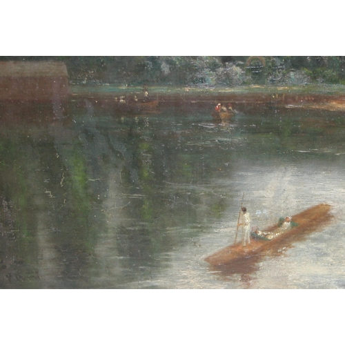 472 - A 19th century oil on canvas of a rural river scene with a couple in a punt, unsigned but various an... 