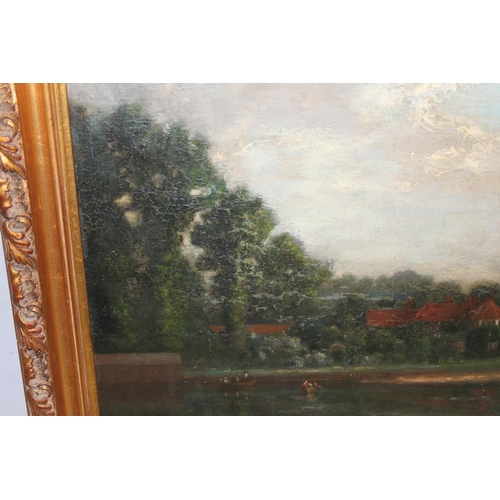 472 - A 19th century oil on canvas of a rural river scene with a couple in a punt, unsigned but various an... 