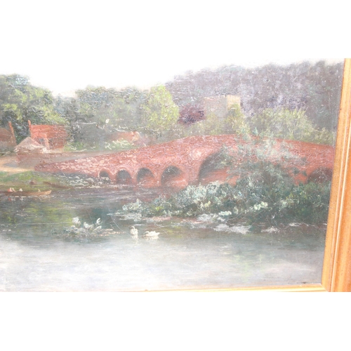 472 - A 19th century oil on canvas of a rural river scene with a couple in a punt, unsigned but various an... 