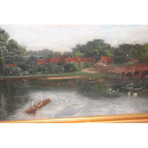 472 - A 19th century oil on canvas of a rural river scene with a couple in a punt, unsigned but various an... 