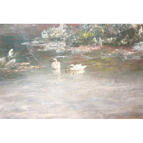 472 - A 19th century oil on canvas of a rural river scene with a couple in a punt, unsigned but various an... 