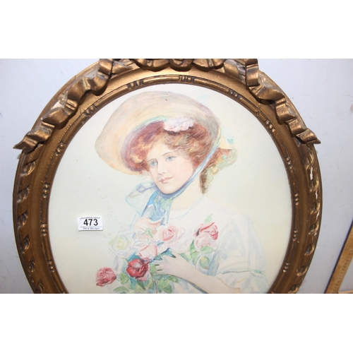 473 - An early 20th century watercolour of an Edwardian lady with roses, indistinctly signed in pen, in im... 