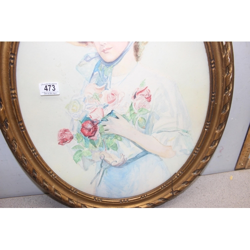 473 - An early 20th century watercolour of an Edwardian lady with roses, indistinctly signed in pen, in im... 