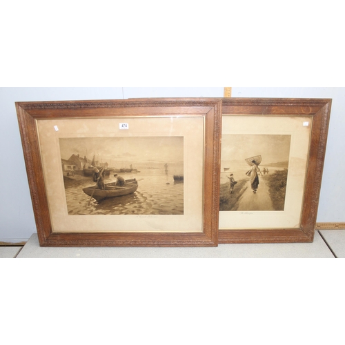 474 - 2 large antique oak framed prints, Shrimpers & The Cornish Fisherman, each approx 87cm 68cm