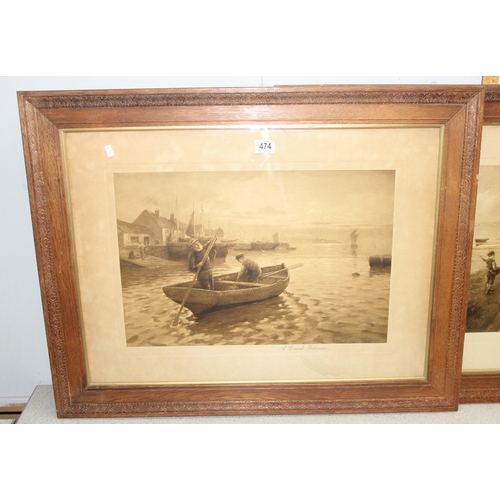 474 - 2 large antique oak framed prints, Shrimpers & The Cornish Fisherman, each approx 87cm 68cm