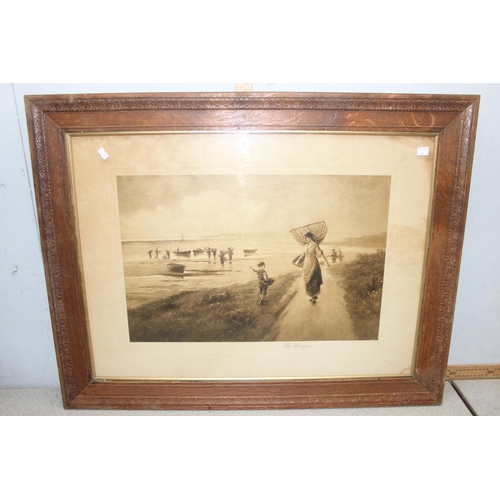 474 - 2 large antique oak framed prints, Shrimpers & The Cornish Fisherman, each approx 87cm 68cm