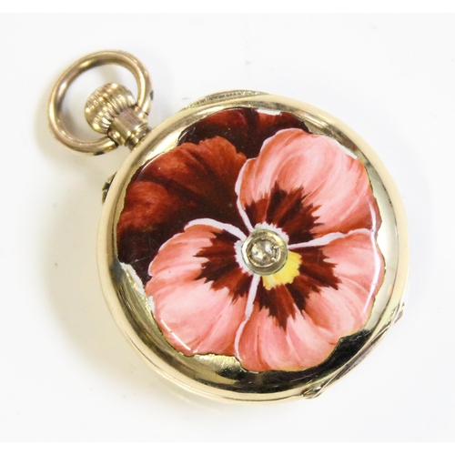 1316 - An antique Swiss 14ct gold cased fob watch with unusual enamel flower to the reverse, likely late 19... 