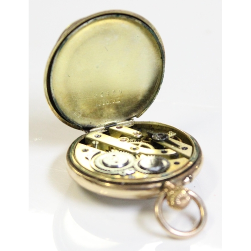 1316 - An antique Swiss 14ct gold cased fob watch with unusual enamel flower to the reverse, likely late 19... 