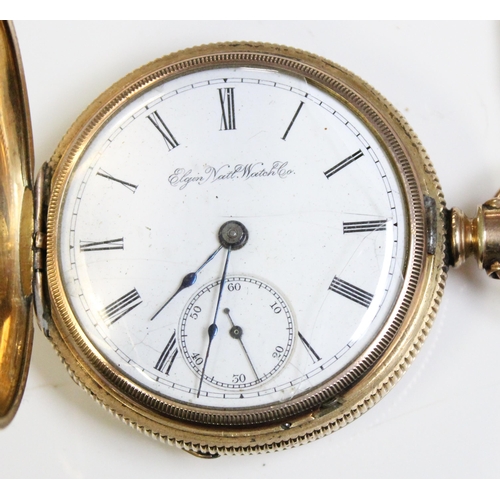 1317 - A late 19th or early 20th century full hunter pocket watch by Elgin in gold plated case, the exterio... 