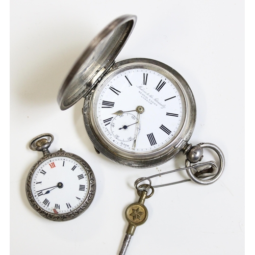 1318 - A 935 silver cased full hunter pocket watch by Kendal & Dent of London & a small silver cased fob wa... 