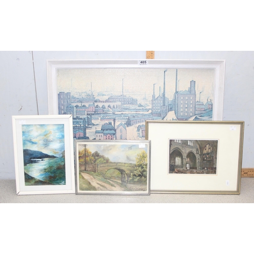 405 - 4 pictures and prints to inc an original watercolour by Guy Webb and a vintage L.S. Lowry print 