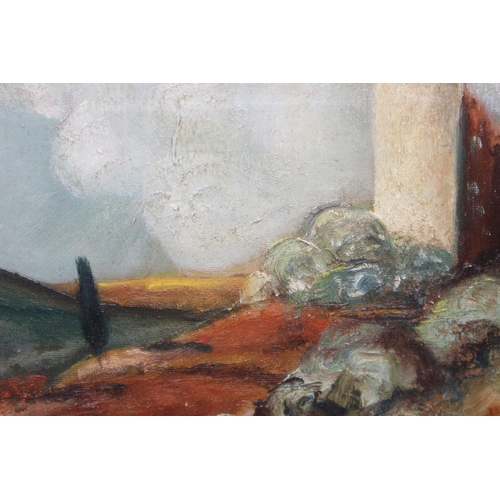 476 - Gisi (XX), impressionist style landscape oil on canvas landscape painting with castle, approx 92cm x... 