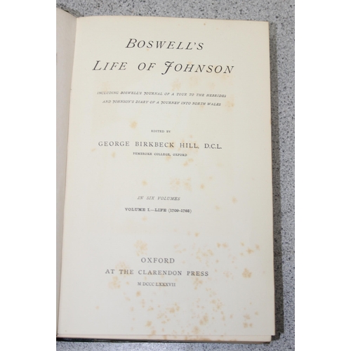 567 - Boswell's Life of Johnson, G.B. Hill, 6 quarter bound leather editions, printed in Oxford 1887 & Plu... 