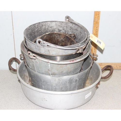 335 - 6 assorted metal buckets and pails to inc galvanised items