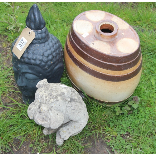 317 - 3 garden ornaments to include a Buddha head and a small stoneware flagon