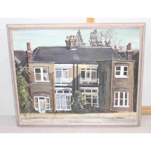 428 - A mid-20th century oil on board of a house, signed Caddy, approx 55cm x 44cm inc frame