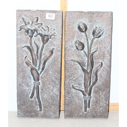 429 - A pair of bronze effect floral relief wall plaques, approx 50cm tall