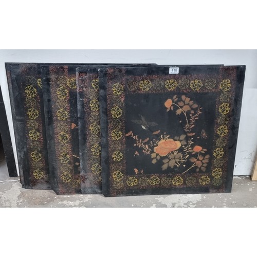 418 - Group of 6 hand painted oriental lacquered panels each decorated with stencilled floral detailed