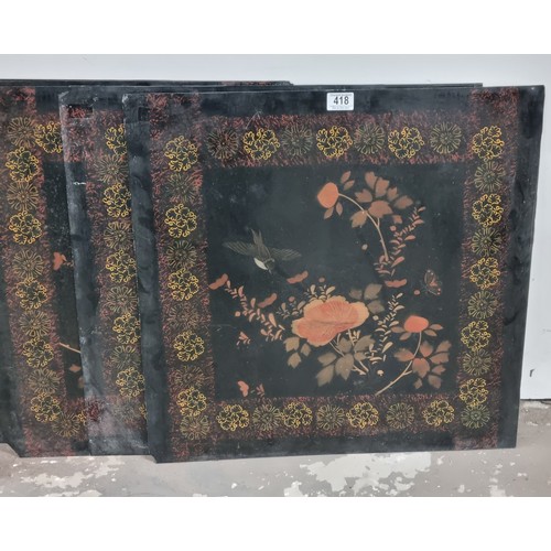 418 - Group of 6 hand painted oriental lacquered panels each decorated with stencilled floral detailed