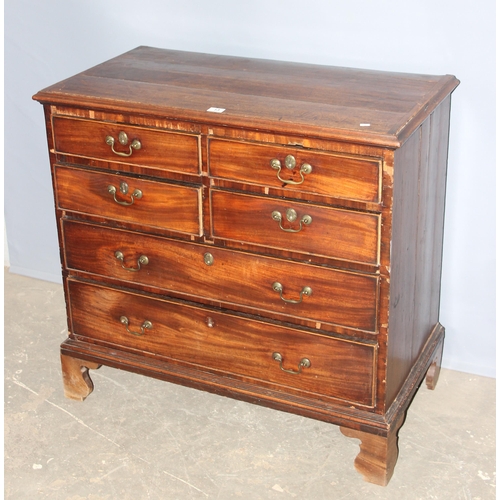 13 - A Georgian mahogany 6 drawer chest of drawers of unusual form (2/2/2), mahogany veneer over oak carc... 