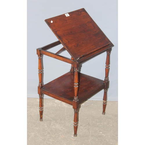 25 - An antique mahogany side table with adjustable lectern or bookrest top, approx 47cm wide