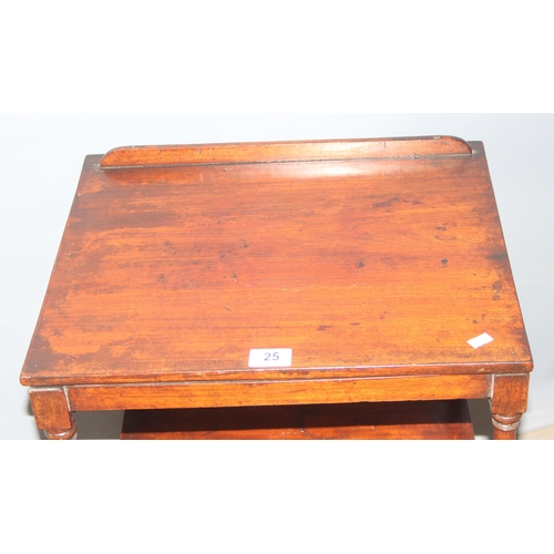 25 - An antique mahogany side table with adjustable lectern or bookrest top, approx 47cm wide