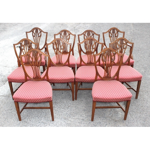 30 - A set of 10 19th century shield backed mahogany dining chairs (2 carver & 8 dining), with patterned ... 