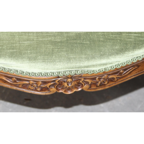 37 - A pair of antique carved frame Fauteuil chairs with green upholstery, likely late 19th century, the ... 