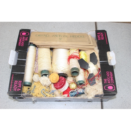 203 - Qty of threads, looms, wool spinner and other weaving related items etc