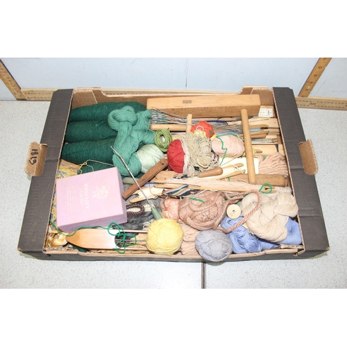 203 - Qty of threads, looms, wool spinner and other weaving related items etc