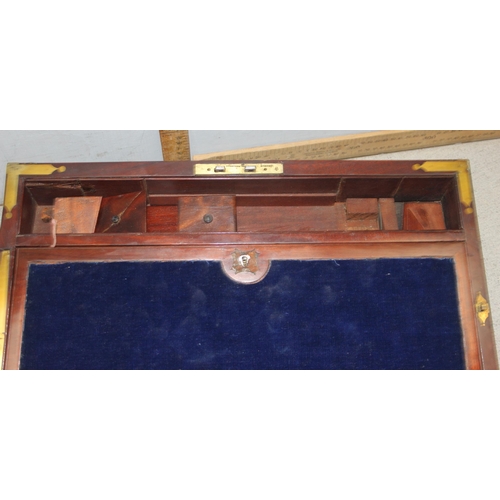 273 - Antique brass bound mahogany writing slope with campaign style handles and inlaid brass strung borde... 