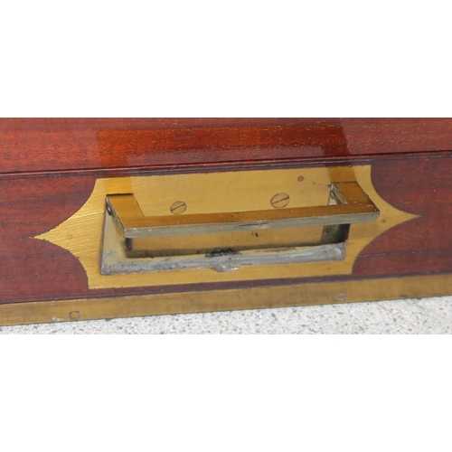 273 - Antique brass bound mahogany writing slope with campaign style handles and inlaid brass strung borde... 