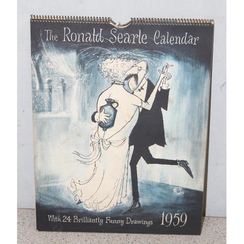 409 - Mixed lot of artwork to include 3 oil on board abstract paintings and a 1959 Ronald Searle calendar