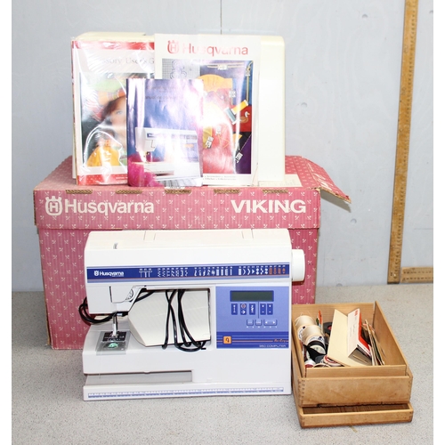 804 - Husqvarna 350 sewing machine in box with sewing related items