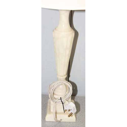 247 - 3 alabaster table lamps 2 with shades, tallest stands 68cm