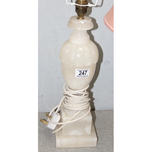 247 - 3 alabaster table lamps 2 with shades, tallest stands 68cm