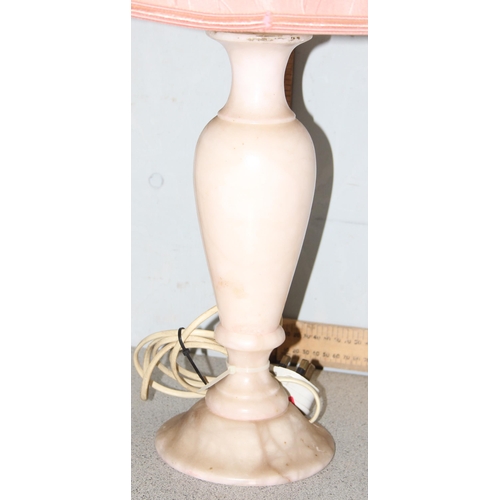 247 - 3 alabaster table lamps 2 with shades, tallest stands 68cm