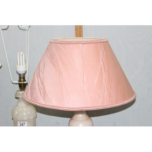 247 - 3 alabaster table lamps 2 with shades, tallest stands 68cm