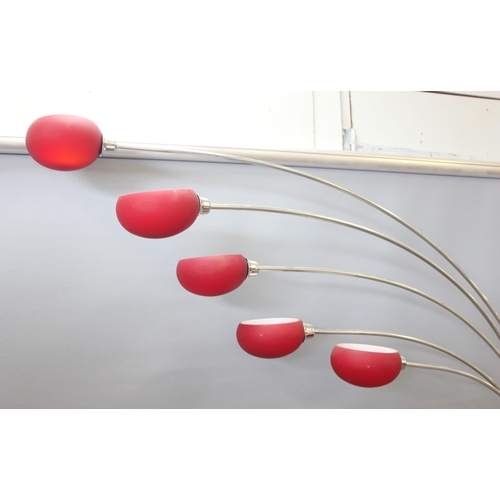 248 - A retro style overhead floor standing lamp with 5 red glass shades, approx 200cm tall