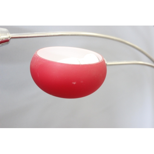 248 - A retro style overhead floor standing lamp with 5 red glass shades, approx 200cm tall