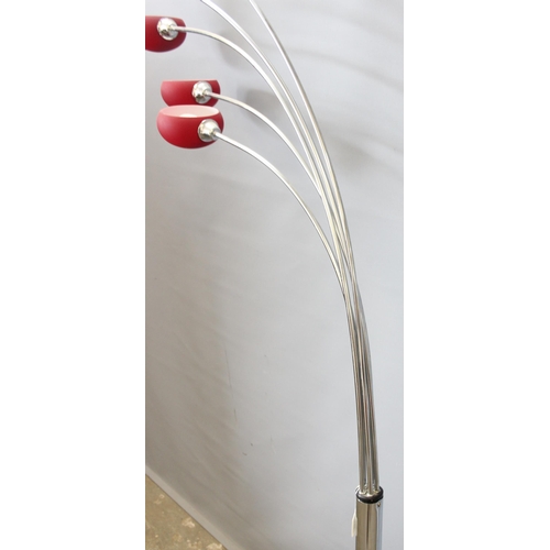 248 - A retro style overhead floor standing lamp with 5 red glass shades, approx 200cm tall