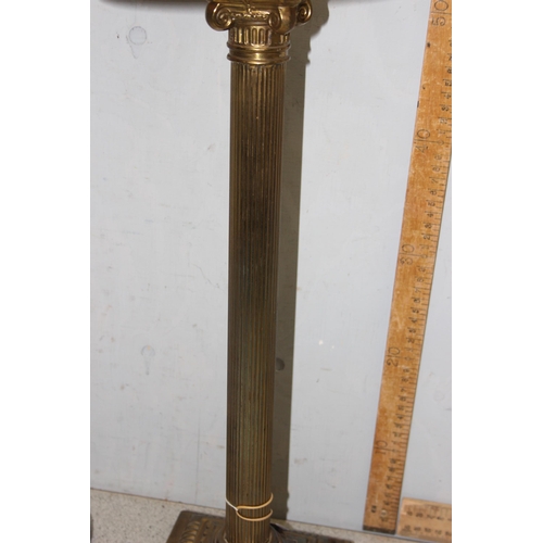 249 - A large early 20th century brass Corinthian column table with shade, Rd 209074, approx 82cm tall inc... 