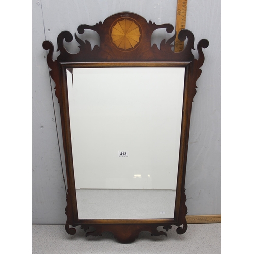 413 - A Georgian style fretwork framed mirror with Sheraton style inlay, approx 91cm x 52cm