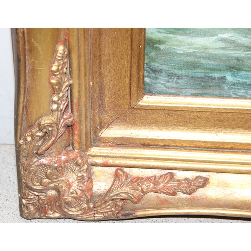 416 - Brian Huby (XX), oil or acrylic on board of fighting galleons in impressive gilt frames, signed and ... 