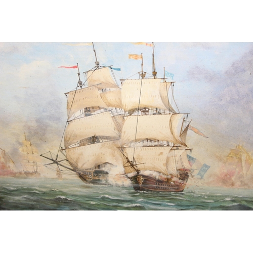 416 - Brian Huby (XX), oil or acrylic on board of fighting galleons in impressive gilt frames, signed and ... 