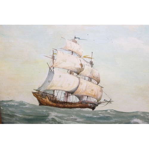 417 - Brian Huby (XX), oil or acrylic on board of galleons at sail in impressive gilt frames, unsigned but... 