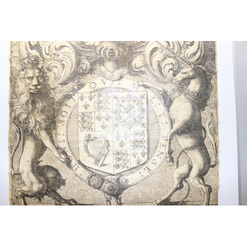 419 - A large canvas print of a Royal coat of arms, approx 97cm wide x 130cm tall