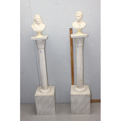 92 - A pair of vintage painted wooden marble effect pillars each displaying a bust of Mozart & Liszt, eac... 