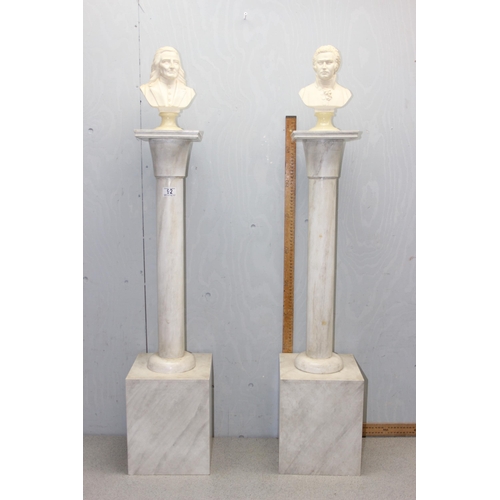 92 - A pair of vintage painted wooden marble effect pillars each displaying a bust of Mozart & Liszt, eac... 