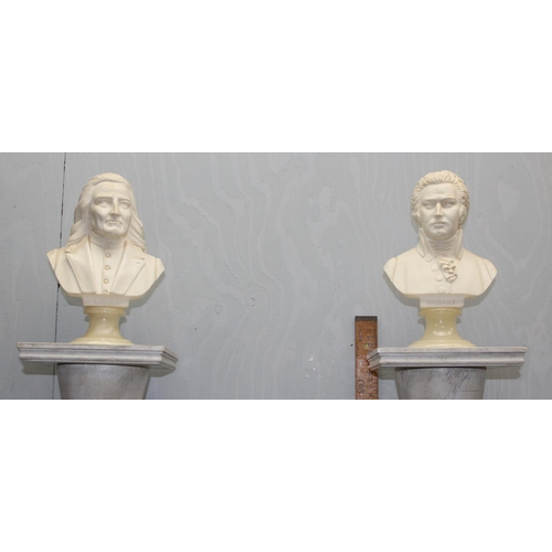 92 - A pair of vintage painted wooden marble effect pillars each displaying a bust of Mozart & Liszt, eac... 